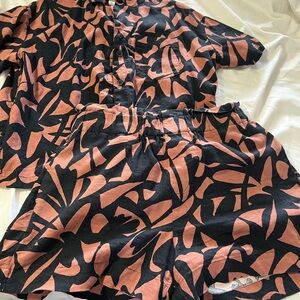 Black and Pink Leaf Print Shirt and Shorts Set